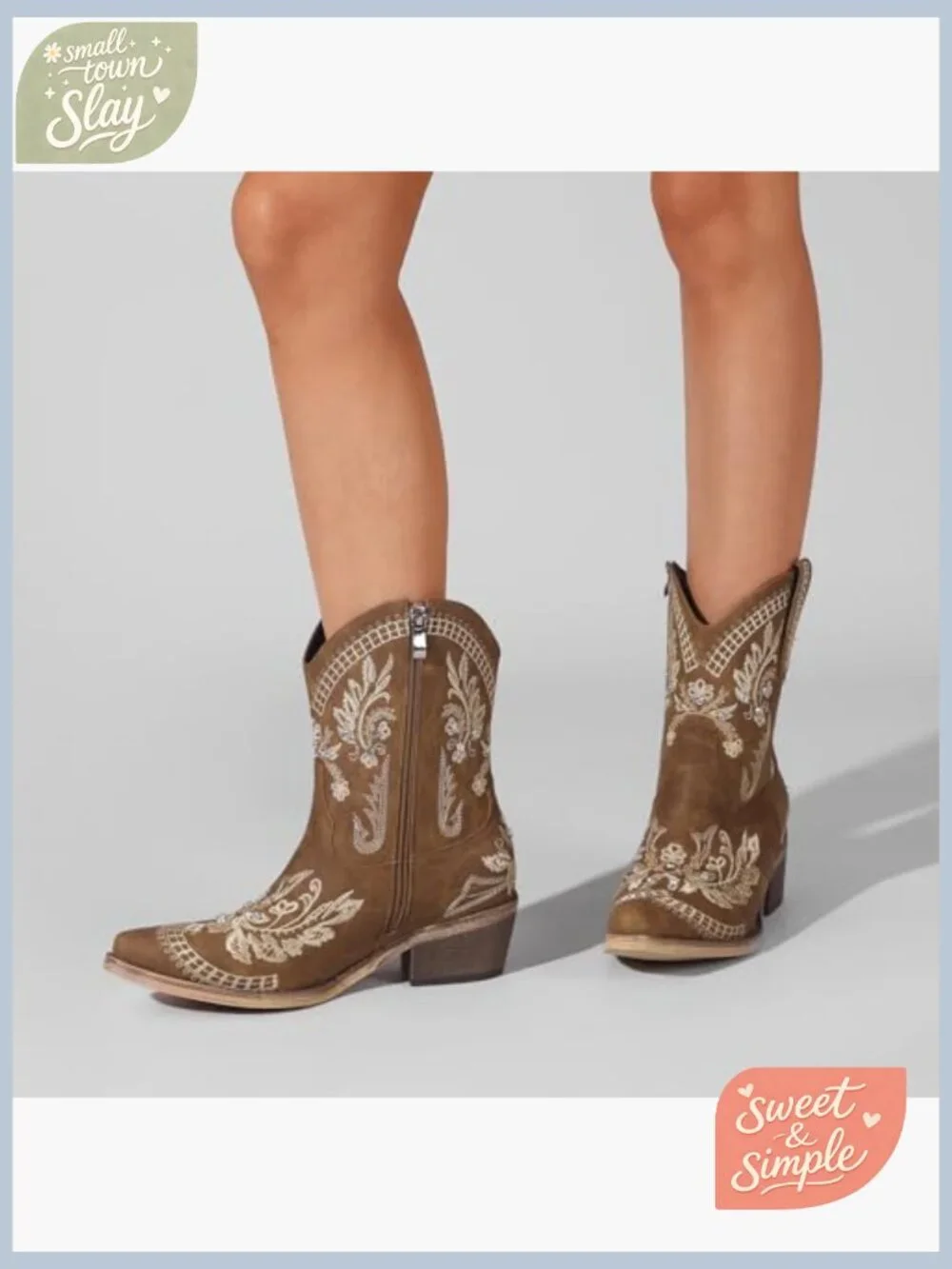 Embellished Ankle Cowboy Boots for Women Chunky Heel Side Zipper Western Booties - Picture 7 of 7